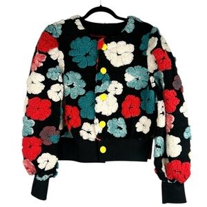 Black Floral Puffy Artsy Art to Wear Button Down Long Sleeve Sweater Size Medium